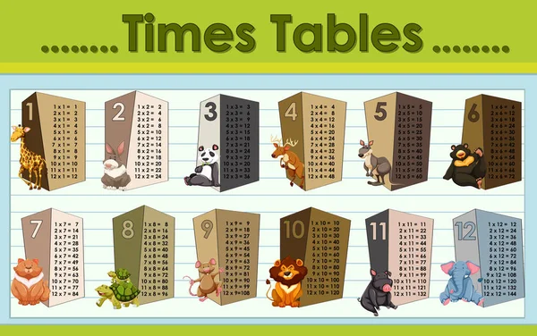 Tablas de tiempos gráfico con animales salvajes — Archivo Imágenes Vectoriales