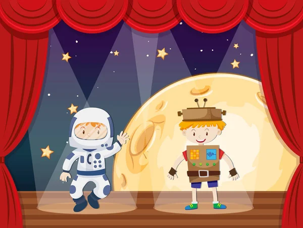 Astronaut and robot on stage — Stock Vector