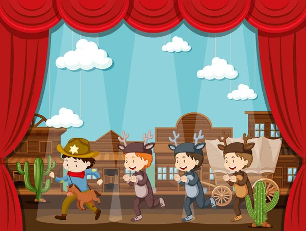 Cowboy and deer on stage play — Stock Vector