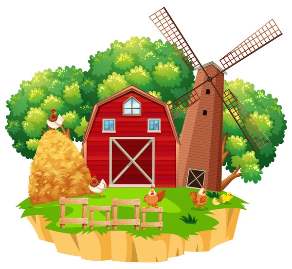 Bauernhofszene mit roter Scheune und hölzerner Windmühle — Stockvektor