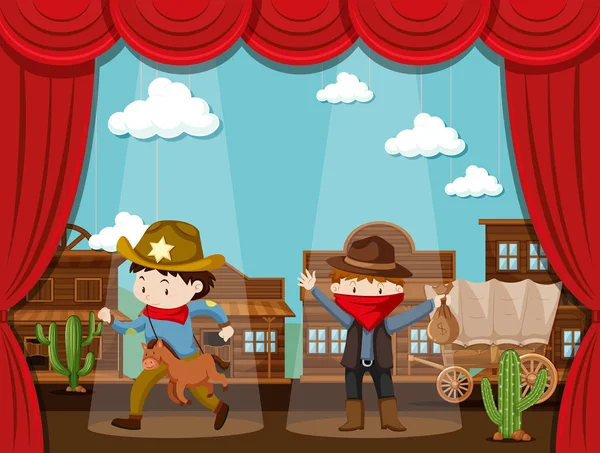 Cowboy town on stage with two kids acting — Stock Vector
