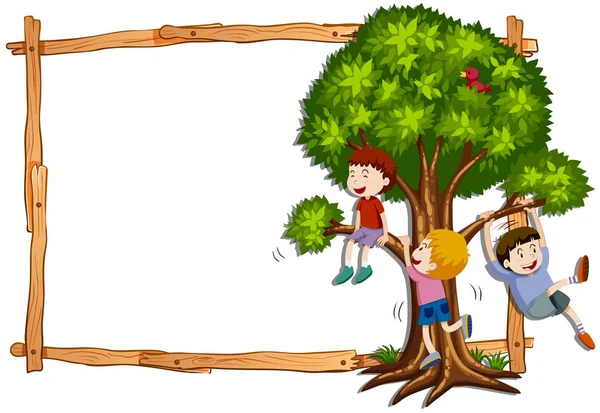 Plantilla de marco con niños trepando al árbol — Vector de stock