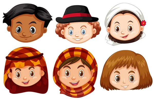 Διαφορετικά πρόσωπα των παιδιών από διαφορετικές χώρες — Διανυσματικό Αρχείο