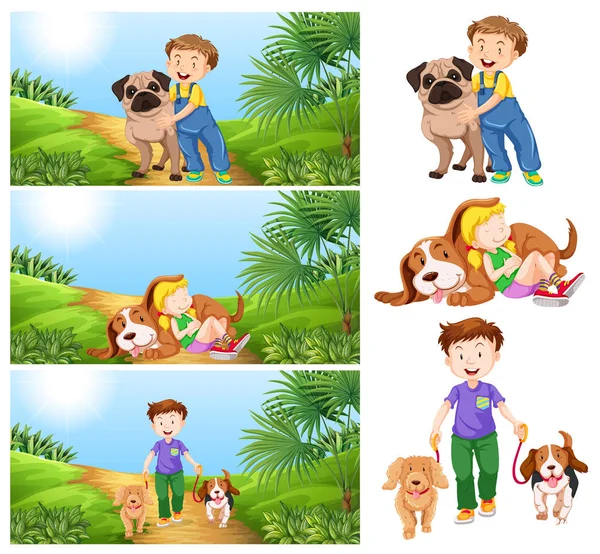 Garçon et fille avec des chiens de compagnie — Image vectorielle