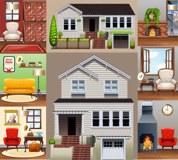 House and rooms in the house — Stock Vector