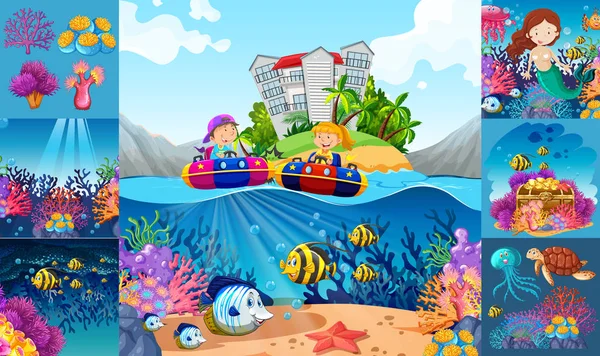 Ocean scenes with children and sea animals