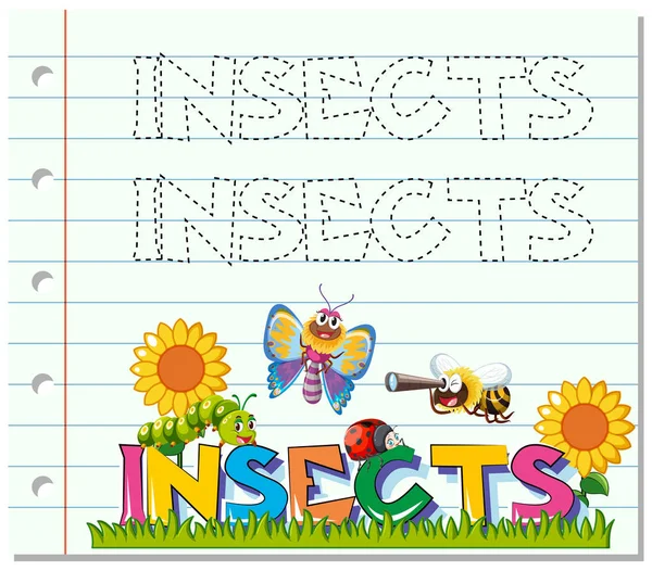 Feuille de travail de traçage pour les insectes mots — Image vectorielle