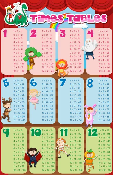 Tableaux horaires graphique avec les enfants en costume en arrière-plan — Image vectorielle