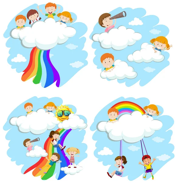 Bambini felici che giocano sulle nuvole e arcobaleno — Vettoriale Stock