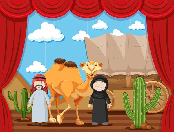 Theaterstück mit zwei Menschen, die Araber in der Wüste spielen — Stockvektor