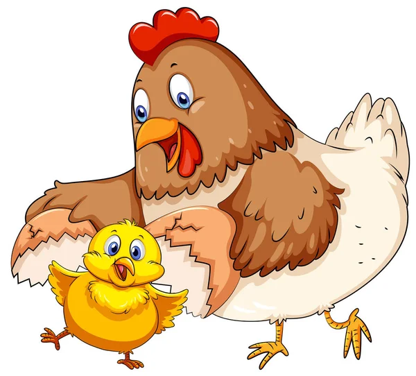 Madre gallina y pequeño polluelo — Vector de stock