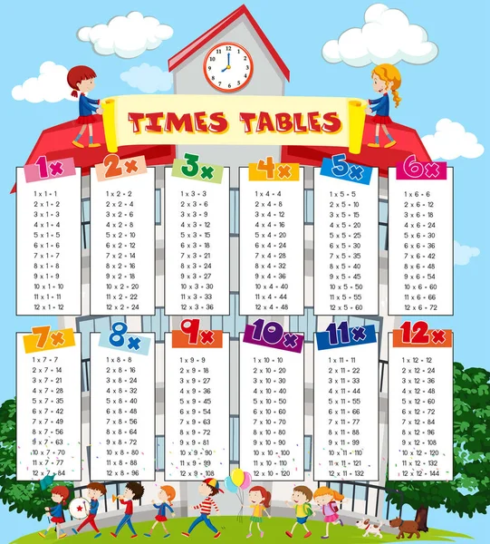 Zeiten Tabellen mit Kindern in der Schule Hintergrund — Stockvektor