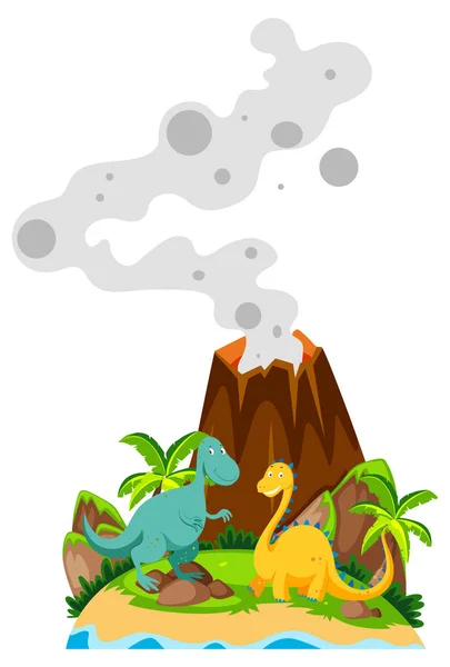 Two dinosaurs at the base of volcano
