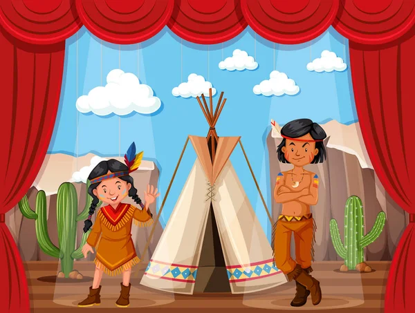 Inheemse Amerikanen rollenspel op het podium — Stockvector