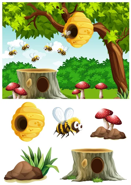 Včely lítají do úlu v parku — Stockový vektor