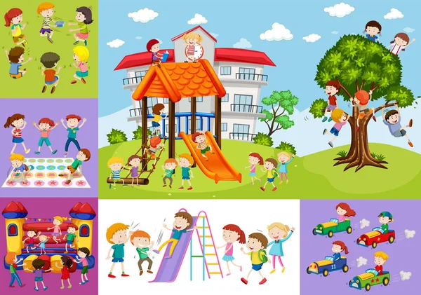 Τα παιδιά διασκεδάζουν στο σχολείο και παιδική χαρά — Διανυσματικό Αρχείο