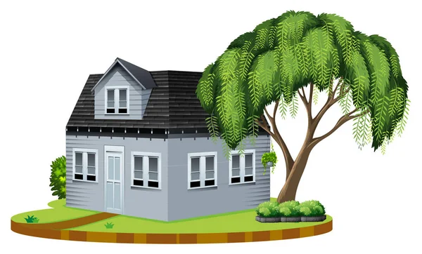 Gray house with big tree in lawn — Stock Vector