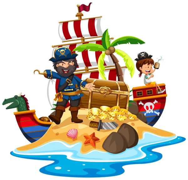 Pirata y barco en la isla del tesoro — Vector de stock