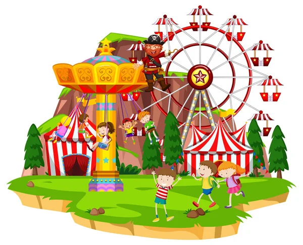 Many children playing rides at funpark — Stock Vector