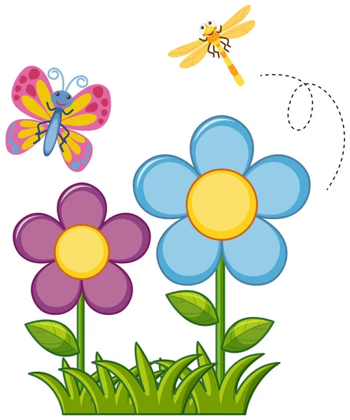 蝴蝶和蜻蜓在花卉园 — 图库矢量图片