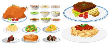 Different types of food on plates clipart