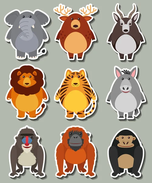 Sticker design avec de nombreux animaux sauvages — Image vectorielle