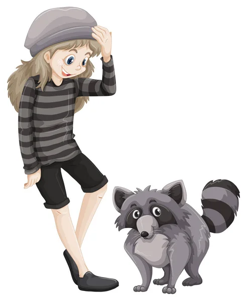 Girl and gray raccoon — Stock Vector