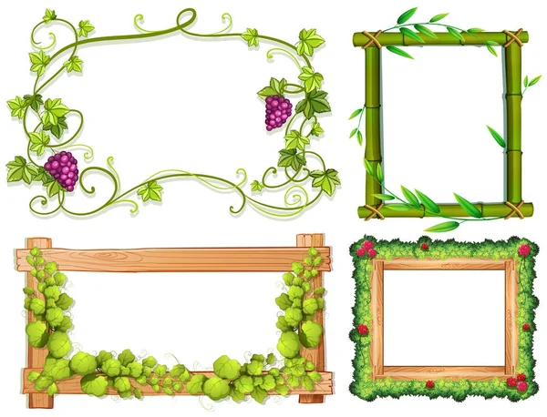 Quatre modèles différents de cadres avec des feuilles vertes — Image vectorielle