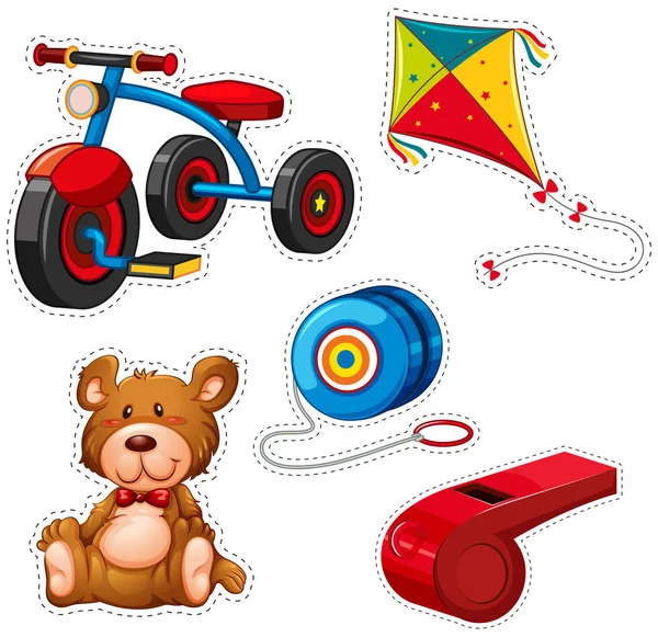 Sticker design with tricycle and other toys — Stock Vector