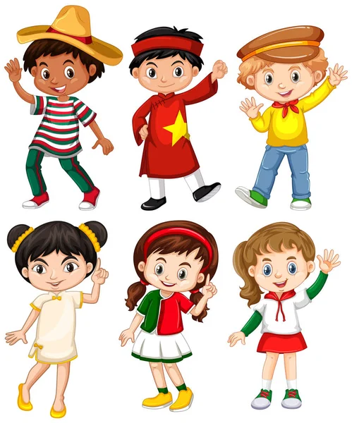 Niños y niñas en diferentes trajes de país — Vector de stock