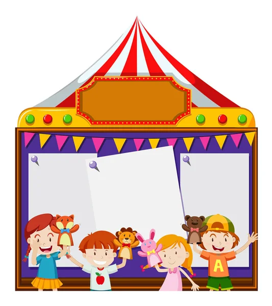 Board template with kids playing puppets — Stock Vector