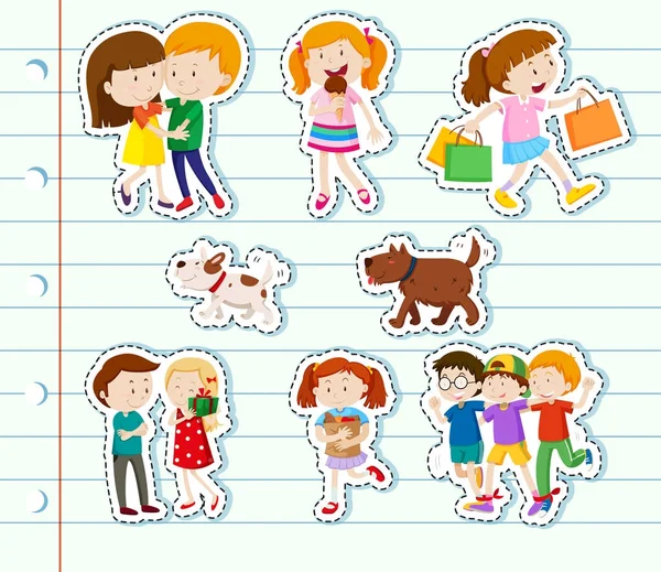 Sticker design avec famille et amis — Image vectorielle