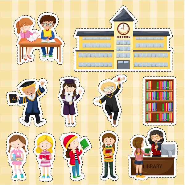 Sticker design with students and school building — Stock Vector