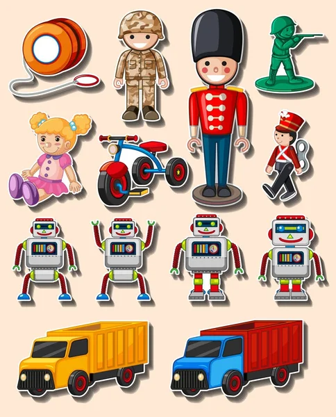 Design de adesivos com diferentes brinquedos e caminhões —  Vetores de Stock