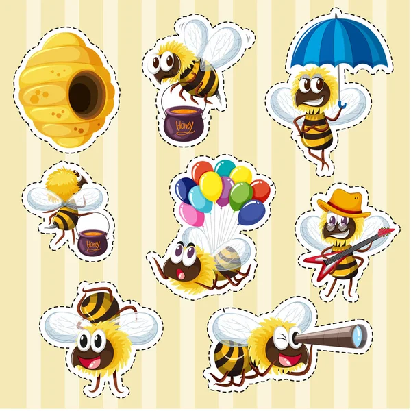 Sticker design with bees and beehive — Stock Vector