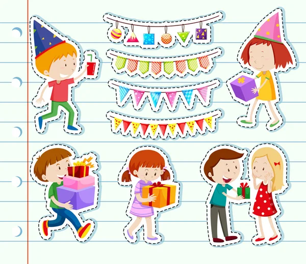 Design de adesivo com crianças felizes e decorações de festa —  Vetores de Stock