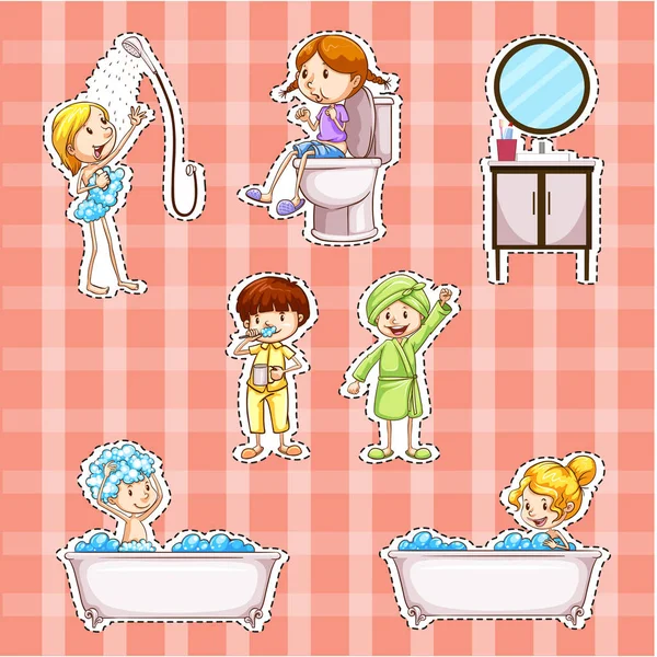 Sticker design with kids doing things in bathroom — Stock Vector