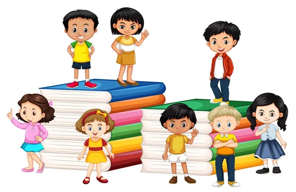Ευτυχισμένα παιδιά στέκονται στα βιβλία — Διανυσματικό Αρχείο