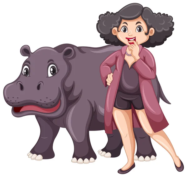 Hippo and chubby woman on white background