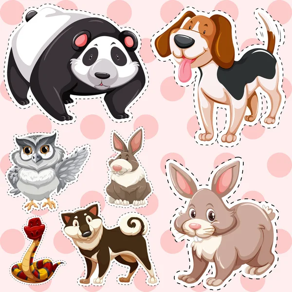 Etiqueta engomada conjunto de animales lindos sobre fondo rosa — Vector de stock