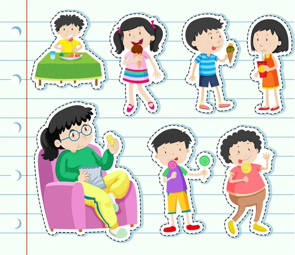 Sticker design with many kids eating sweets — Stock Vector