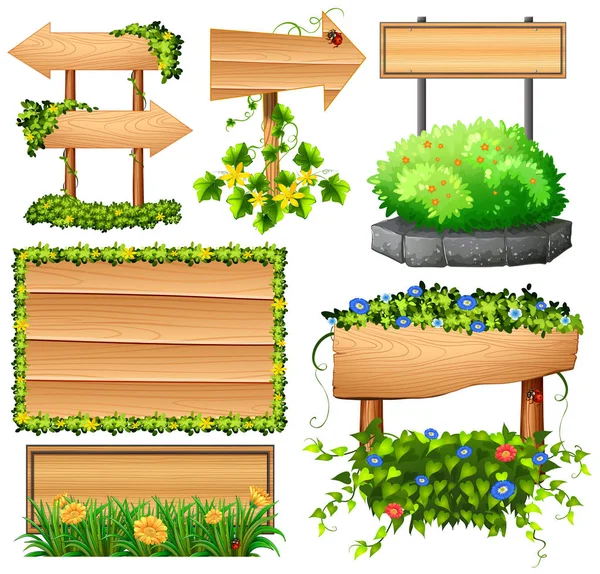 Carteles de madera con flores de colores — Vector de stock