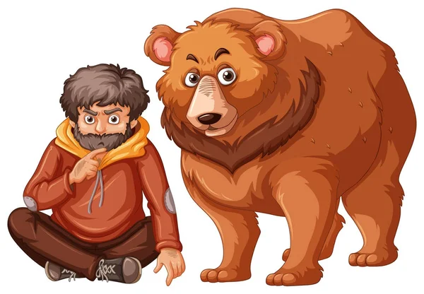 Uomo e orso grizzly su sfondo bianco — Vettoriale Stock