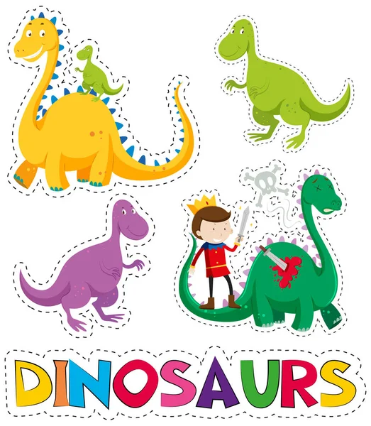 Dinosaurios y príncipe en diseño de pegatinas — Vector de stock