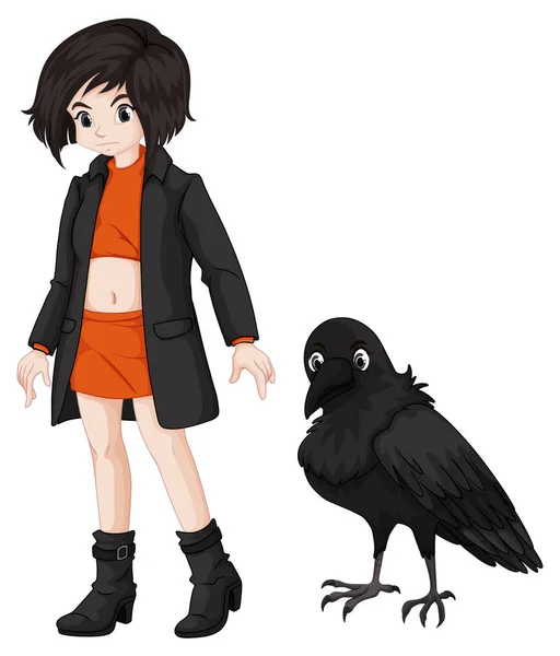 Girl and raven on white background — Stock Vector