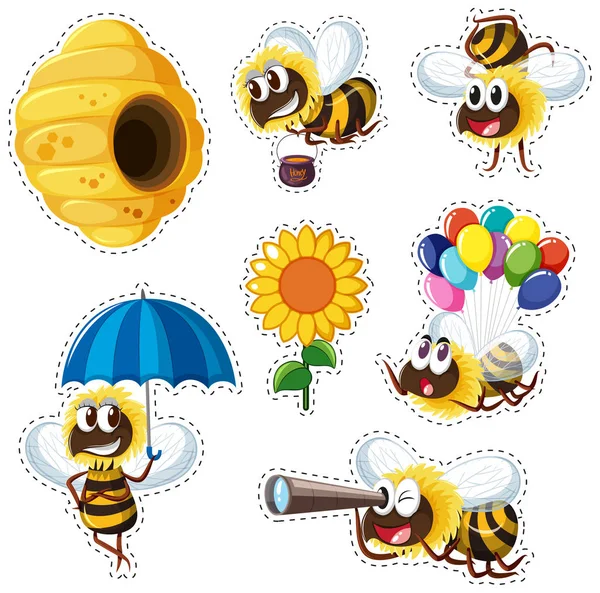Sticker design with beehive and many bees — Stock Vector
