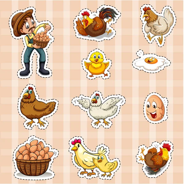 Sticker design for farmer and chickens — Stock Vector