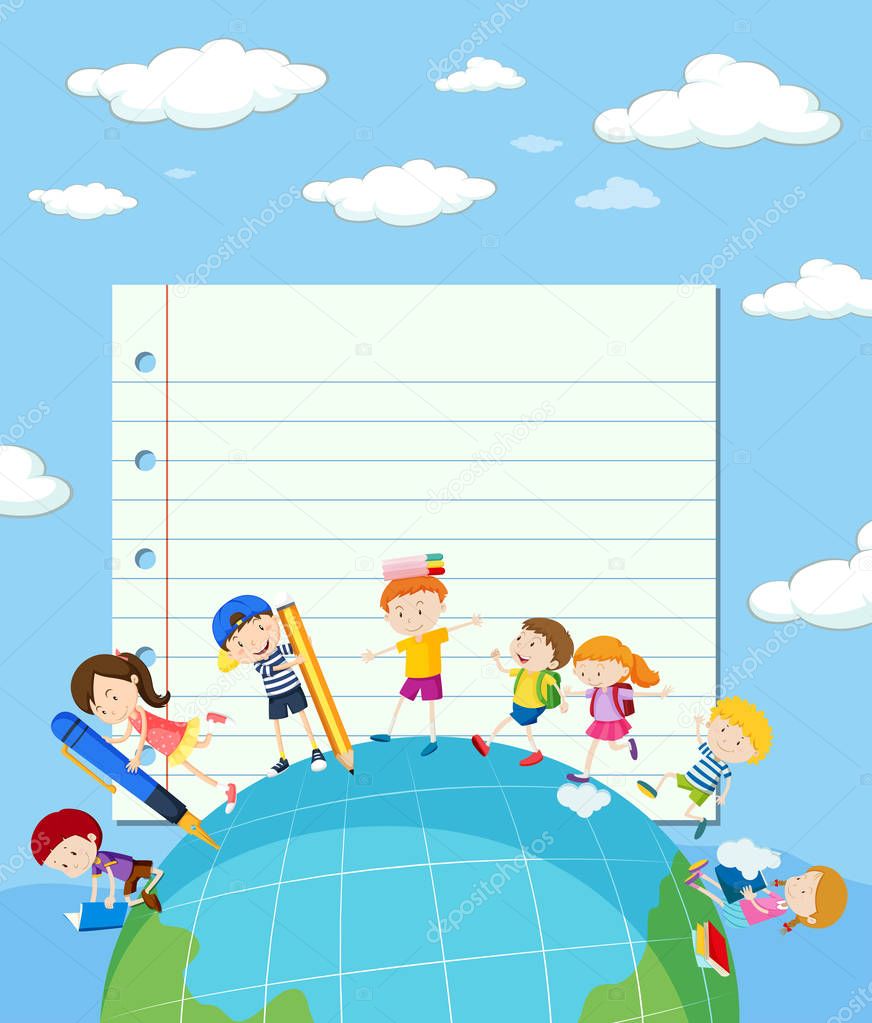 Line paper template with kids on earth