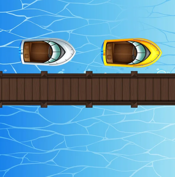 Два швидкісних човни, що пливуть біля мосту — стоковий вектор