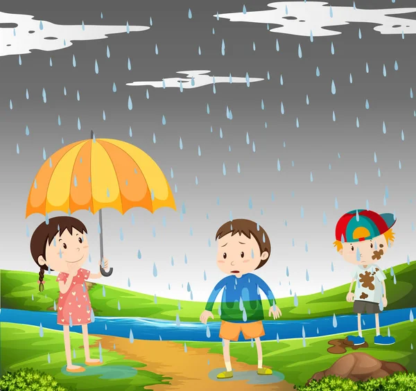 Трое детей под дождем — стоковый вектор